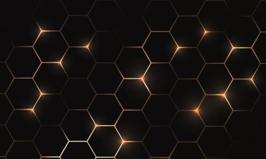Altıgen teknolojisi siyah ve altın renkli bal peteği soyut arka plan. Vektör illüstrasyonu