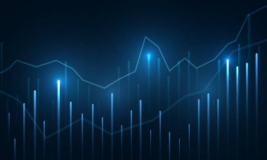 Şamdan grafiği şeklinde bir iş grafiği. Koyu mavi soyut teknoloji geçmişi, borsaya yatırım ve ticaret kavramını yansıtıyor. Vektör illüstrasyonu