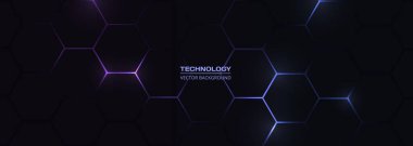 Altıgen teknolojisi siyah ve mor renkli bal peteği geniş soyut arkaplan. Vektör illüstrasyonu