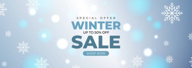 Kar taneleri ve Bokeh lambalı kış indirimi reklam afişi. Mevsimsel satış tanıtımı için vektör illüstrasyonu.