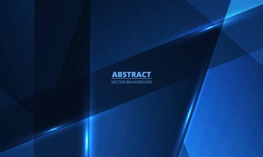 Koyu mavi soyut arka plan, geometrik dinamik parlayan mavi neon köşegen çizgileri. Minimalist 3d vektör illüstrasyonu