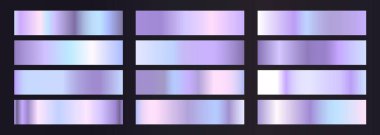 Holografik gradyan arkaplan seti. Parlak yanardöner metal hologram folyo doku bozulması koleksiyonu. Vektör illüstrasyonu