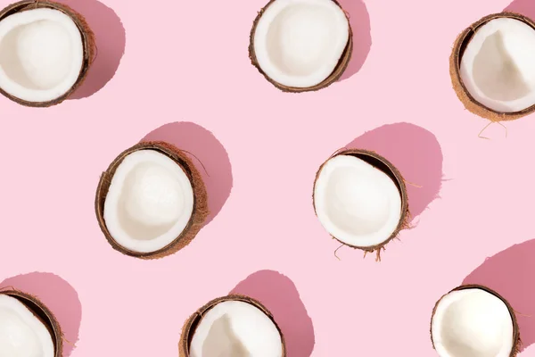 Pattern Ripe Coconuts Pink Background Creative Summer Concept Half Coconut — 스톡 사진