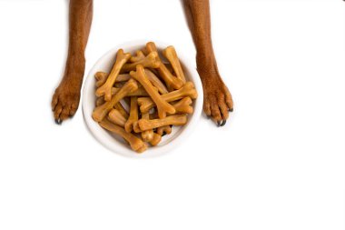 Beyaz bir yemek kasesinde, beyaz bir stüdyonun arka planında kahverengi köpek maması kemikleri. Köpek yavrusunun kahverengi patileri.