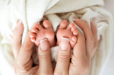 Yeni doğan bebeğin ayakları annenin ellerindedir. Anne, bebeklerin ayaklarını elinde tutuyor. Mutlu aile kavramı.