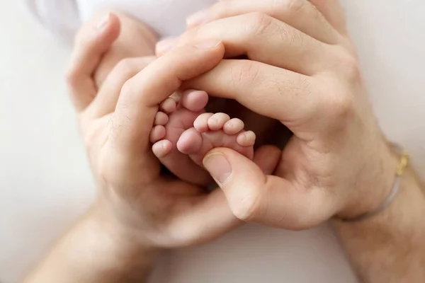 Pieds d'un nouveau-né entre les mains d'un père, d'un parent. Photographie studio, fond blanc. Concept de famille heureuse. — Photo