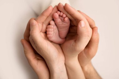 Çocukların ayakları beyazın üzerinde anne ve babanın ellerinde. Anne, baba ve yeni doğan çocuk. Mutlu Aile kavramı.