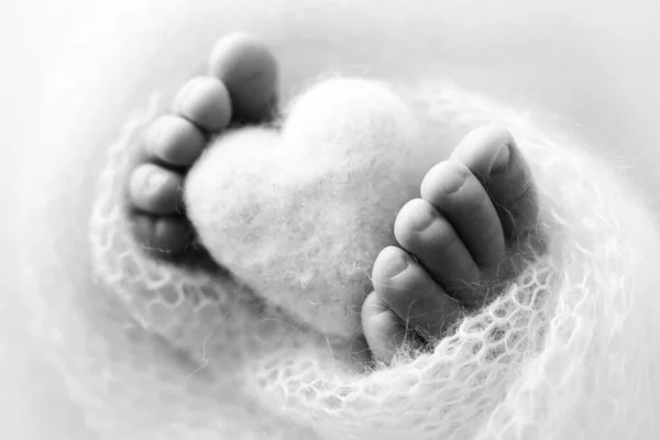 Los pies de un recién nacido con un corazón de madera, envuelto en una manta suave. Fotografía de estudio en blanco y negro. — Foto de Stock