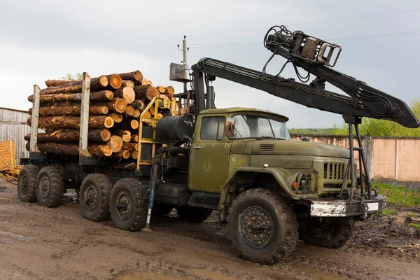 Transportation of wood on a truck. Industrial truck for transporting timber. Renewable natural resources. timber machine. Timber export and shipping concept.