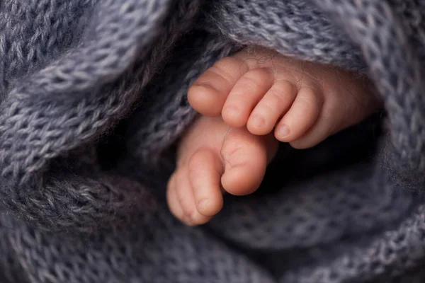 Dos lindos pequeños pies de bebé envueltos en una manta de punto azul-verde aqua. —  Fotos de Stock