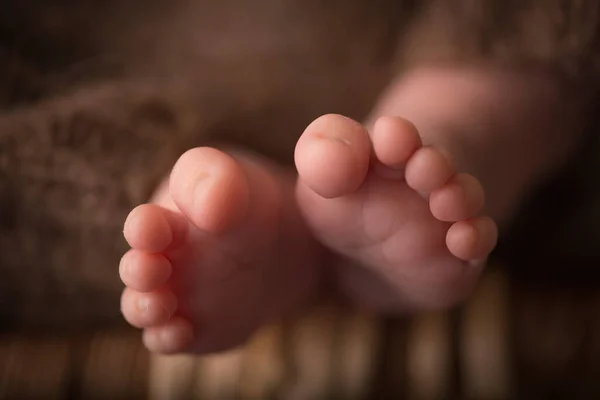 Babyfüße. Der winzige Fuß eines Neugeborenen in sanftem selektivem Fokus. Bild der Fußsohlen. — Stockfoto