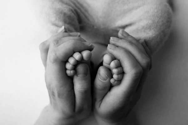 Χέρια γονέων. τα πόδια του νεογέννητου στα χέρια της μαμάς και του μπαμπά. Μωρά πόδια στα χέρια του. ασπρόμαυρες εικόνες — Φωτογραφία Αρχείου