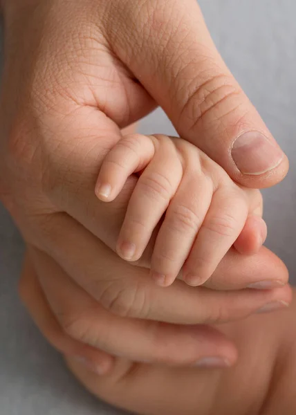 Padre sosteniendo a los bebés recién nacidos con los dedos recién nacidos. Mano de un bebé recién nacido. Manos de los padres y primer plano del bebé. — Foto de Stock