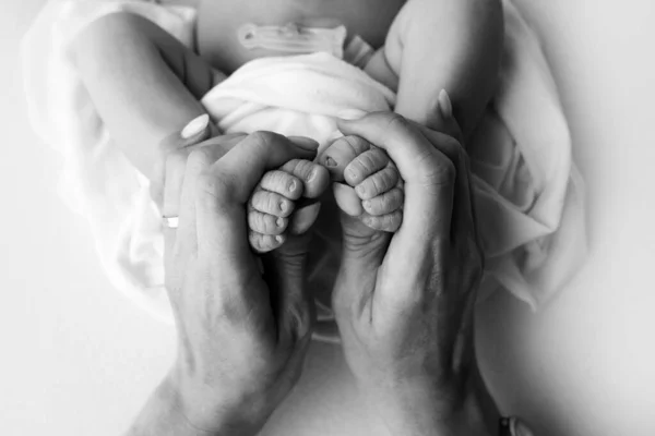 Handen van ouders. de benen van de pasgeborene in de handen van mama en papa. babys benen in zijn handen. zwart-wit foto 's — Stockfoto
