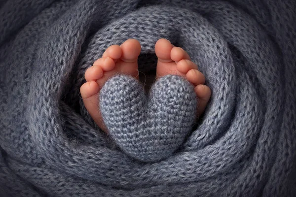 Pieds d'un nouveau-né en gros plan dans une couverture de laine. Grossesse, maternité, préparation et attente de la maternité, concept de la naissance d'un enfant. — Photo