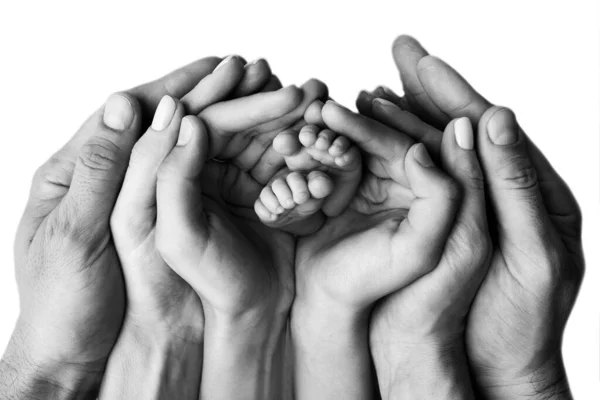 Las manos de la madre, el padre y el niño mayor sostienen los pies del recién nacido. Lindo retrato familiar con bebé. Fotografía en blanco y negro. — Foto de Stock