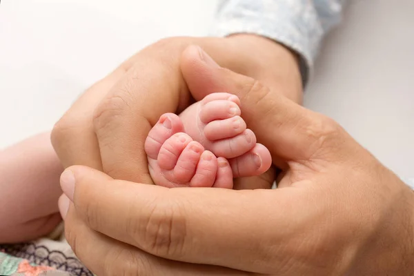 Ebeveynlerin elleri. Anne ve babanın ellerinde yeni doğan bebeğin bacakları.. — Stok fotoğraf