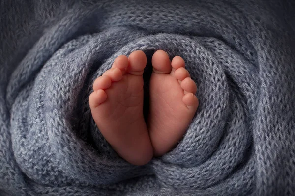 Pies de un recién nacido de cerca en una manta de lana. Embarazo, maternidad, preparación y expectativa de la maternidad, el concepto del nacimiento de un niño. —  Fotos de Stock