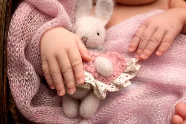 Новонароджена дитина в рожевій плед. Крихітні руки, пальці. іграшка зайчика . — стокове фото