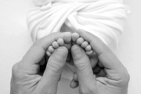 Handen van ouders. de benen van de pasgeborene in de handen van mama en papa. Babys voeten in zijn handen. Zwart-wit — Stockfoto