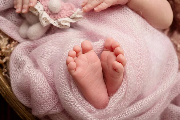 Newborn baby in a pink plaid. Tiny hands, fingers. Bunny toy. Babys feet. — Stock Photo, Image