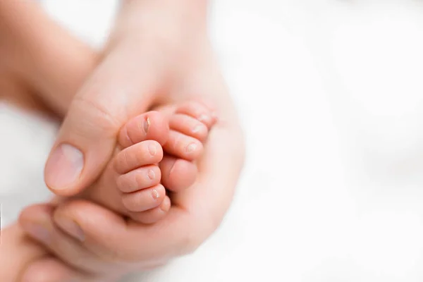 Fötter av den nyfödda i händerna på mamma närbild. Mamma och hennes barn. — Stockfoto
