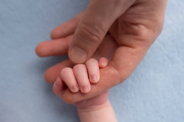 Padres felices con amor sostiene los dedos de un bebé recién nacido sobre un fondo azul — Foto de Stock