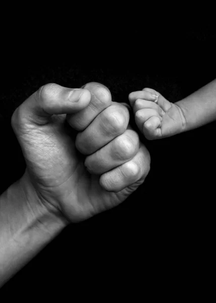 Hands fists father and son on black background, black and white — Stock Photo, Image