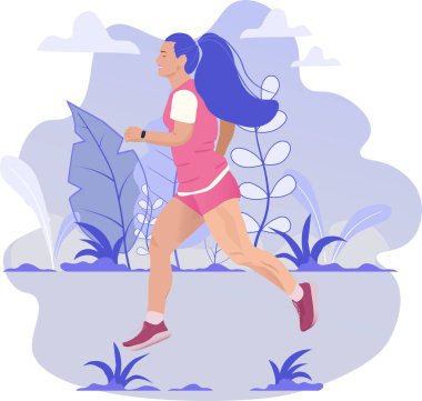 Dışarıda koşan bir kadın. Düz renkli karakter vektör çizimi. Vektör İllüstrasyonu. Genel Çalışma Günü