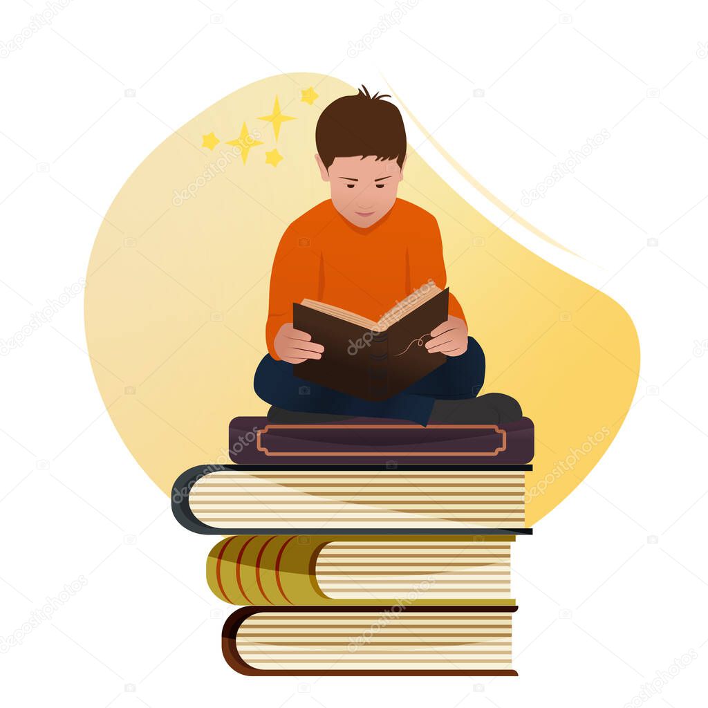 Happy cartoon boy sitting on stack of books and reading an old storybook vector illustration. Cartoon flat character in modern colors. Book lovers Day. youth.