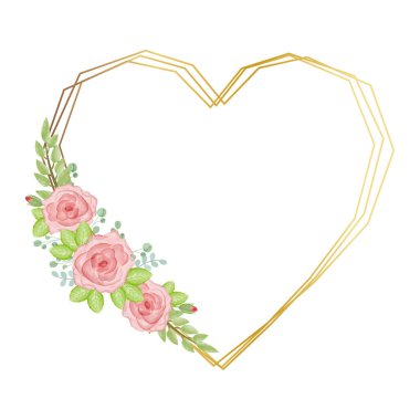 Çiçekli, lüks düğün davetiyesi, altın kalpli, çiçek güllü, vektör suluboya yapraklı. Davetiye, tebrik ve kapaklar için botanik romantik şablonu, Anneler Günü kartpostalı.