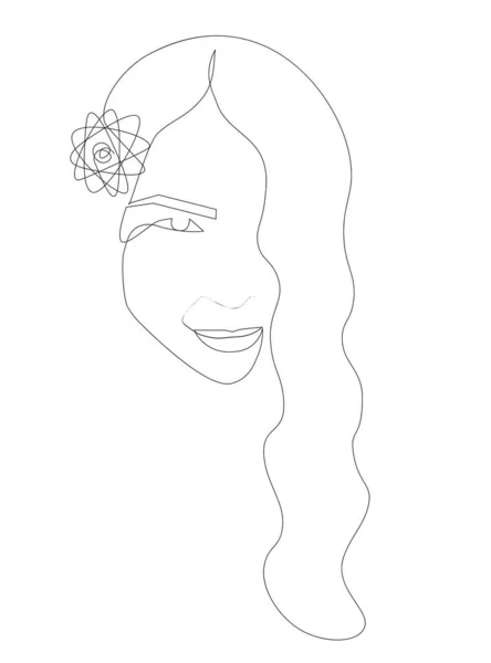 Trendy Abstract One Line Woman Face Flower Hair Girl Smiling — Vetor de Stock
