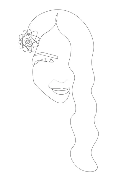 Trendy Abstract One Line Woman Face Flower Hair Girl Smiling —  Vetores de Stock