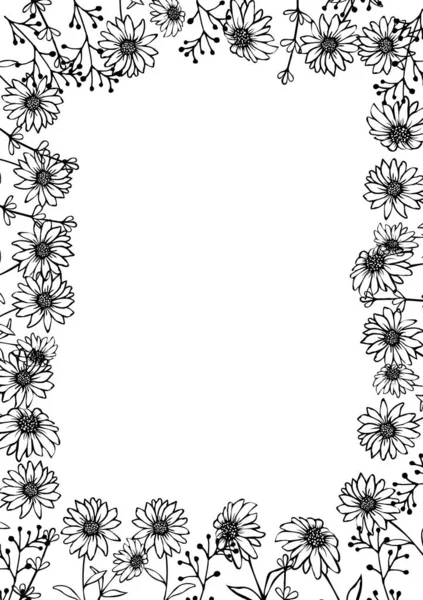 手绘花框架 轮廓黑色花 菊花或雏菊 背景透明 多花风格 复制空间 用于婚纱设计 邀请函 矢量存量说明 — 图库矢量图片