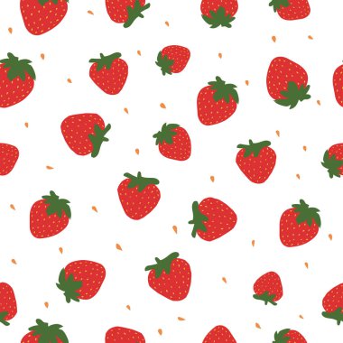 Beyaz arka planda izole edilmiş çilek desenleri, yeşil yapraklar, vektör çizimi. Lezzetli böğürtlen arka planı. Çocuklar için uygun tekstil, ambalaj, duvar kağıdı.
