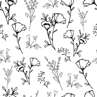 Siyah çizgili gelincik çiçekleri, şeffaf arkaplanda yalıtılmış lavanta. El çizimi çiçek desensiz desenli vektör çizimi. Tekstil, kağıt, hediye paketi veya çocuklar için boyama için harika.