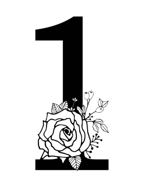 ラベンダー ベリーと透明な背景に葉を持つドアスタイルで手描きの花のナンバーワンのモノグラムとロゴデザイン 黒い線型ベクトル図 — ストックベクタ