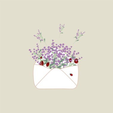 Elle çizilmiş lavanta çiçekleri ve uğur böceği olan klasik bir zarf. Basit bir çizgi film tarzında şirin bir hisse senedi vektör çizimi. Davetiyeler ve bayramlar için harika..