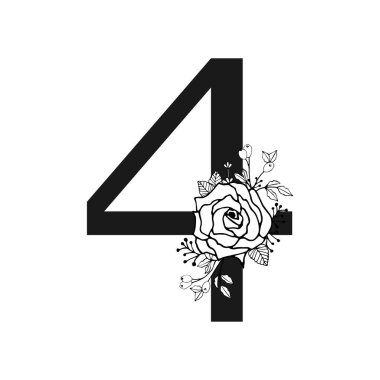 El çizimi dört numaralı çiçek deseni ve logo deseni gül, lavanta, böğürtlen ve şeffaf arka planda yapraklarla çizilmiş. Siyah doğrusal vektör çizimi.