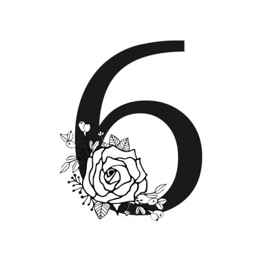 El çizimi altı numaralı çiçek deseni ve logo deseni gül, lavanta, böğürtlen ve şeffaf arka planda yapraklarla çizilmiş. Siyah doğrusal vektör çizimi.