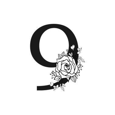 El çizimi dokuz numaralı çiçek deseni ve logo deseni gül, lavanta, böğürtlen ve şeffaf arka planda yapraklarla çizilmiş. Siyah doğrusal vektör çizimi.