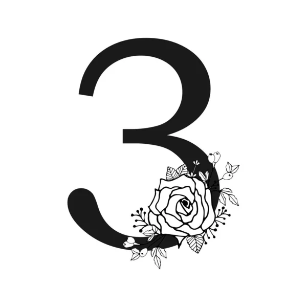 ラベンダー ベリーと透明な背景に葉でドアスタイルで手描きの花の番号3つのモノグラムとロゴデザイン 黒い線型ベクトル図 — ストックベクタ