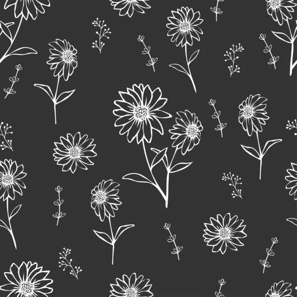 手绘甘菊野花 在黑色背景上分离 织物用植物学雏菊草图矢量图解 涂鸦风格 卡片设计 — 图库矢量图片