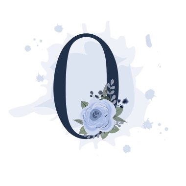 Sıfır numaralı süslemeli mavi gül yaprakları ve şeffaf arkaplanda suluboya lekeleri. Kartpostal ya da doğum günü için vektör illüstrasyonu. Yazdırılabilir tasarım ögesi.