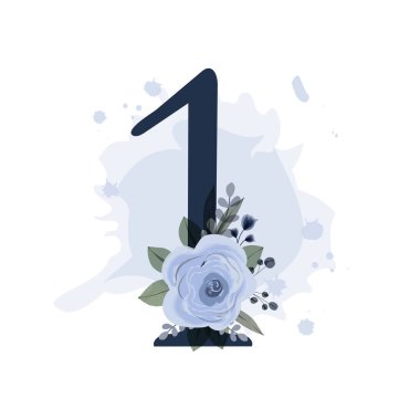 Bir numaralı süslemeli mavi gül yaprakları ve şeffaf arkaplanda suluboya lekeleri. Kartpostal ya da doğum günü için vektör illüstrasyonu. Yazdırılabilir tasarım ögesi.