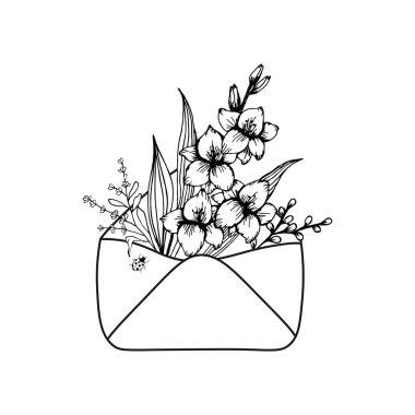Gladiolus çiçekleri, yaprakları ve uğur böceği tek renkli silueti olan zarf. Düğün, kartpostal, Anneler Günü hediyesi, tişört baskısı, kıyafet ve diğer şeyler için vektör illüstrasyon tasarımı.