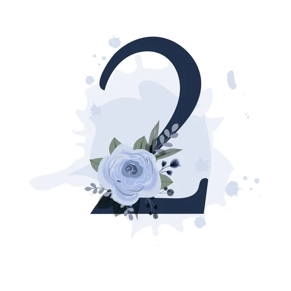 二号饰有叶子和水彩斑斓的皇家蓝色玫瑰 背景透明 明信片或生日的矢量插图 可打印设计元素 — 图库矢量图片