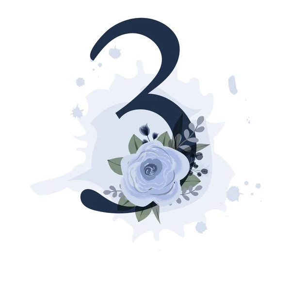 3番目の装飾されたロイヤルブルーの葉と透明背景に水彩スプラッシュで上昇した はがきや誕生日のためのベクトルイラスト 印刷可能なデザイン要素 — ストックベクタ