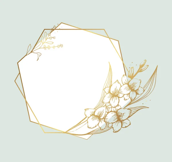 Ручной Рисунок Золотистый Цветок Гладиолуса Геометрическая Рамка Лавенедера Милом Стиле — стоковый вектор
