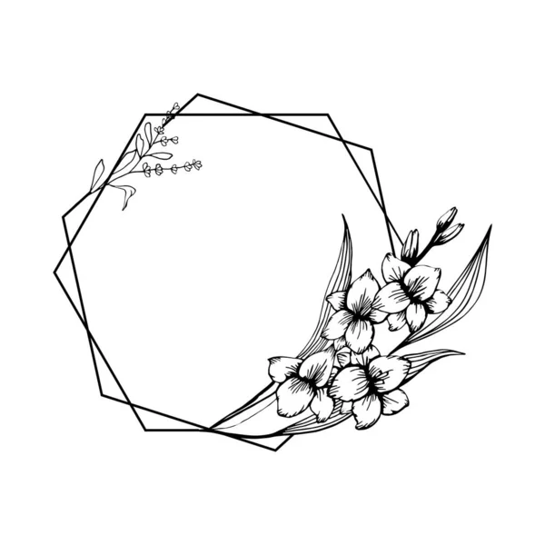 Ручной Рисунок Цветок Гладиолуса Геометрическая Рамка Лавенедера Милом Стиле Каракулей — стоковый вектор